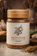 Jar of all-purpose seasoning with a wooden spoon 