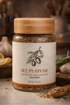 Jar of all-purpose seasoning with a wooden spoon 