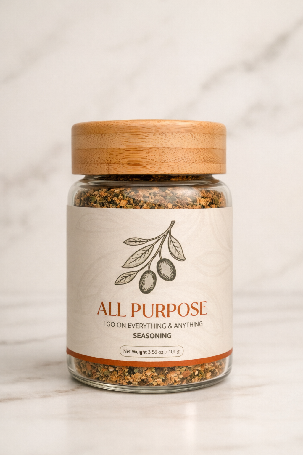 Jar of all-purpose seasoning with a wooden lid