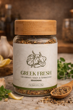 Jar of 'Greek Fresh' seasoning with a wooden spoon filled with spices 