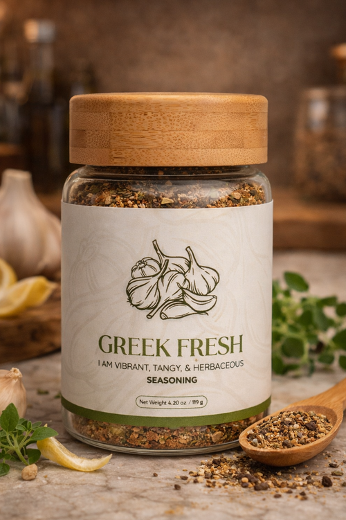 Jar of 'Greek Fresh' seasoning with a wooden spoon filled with spices 