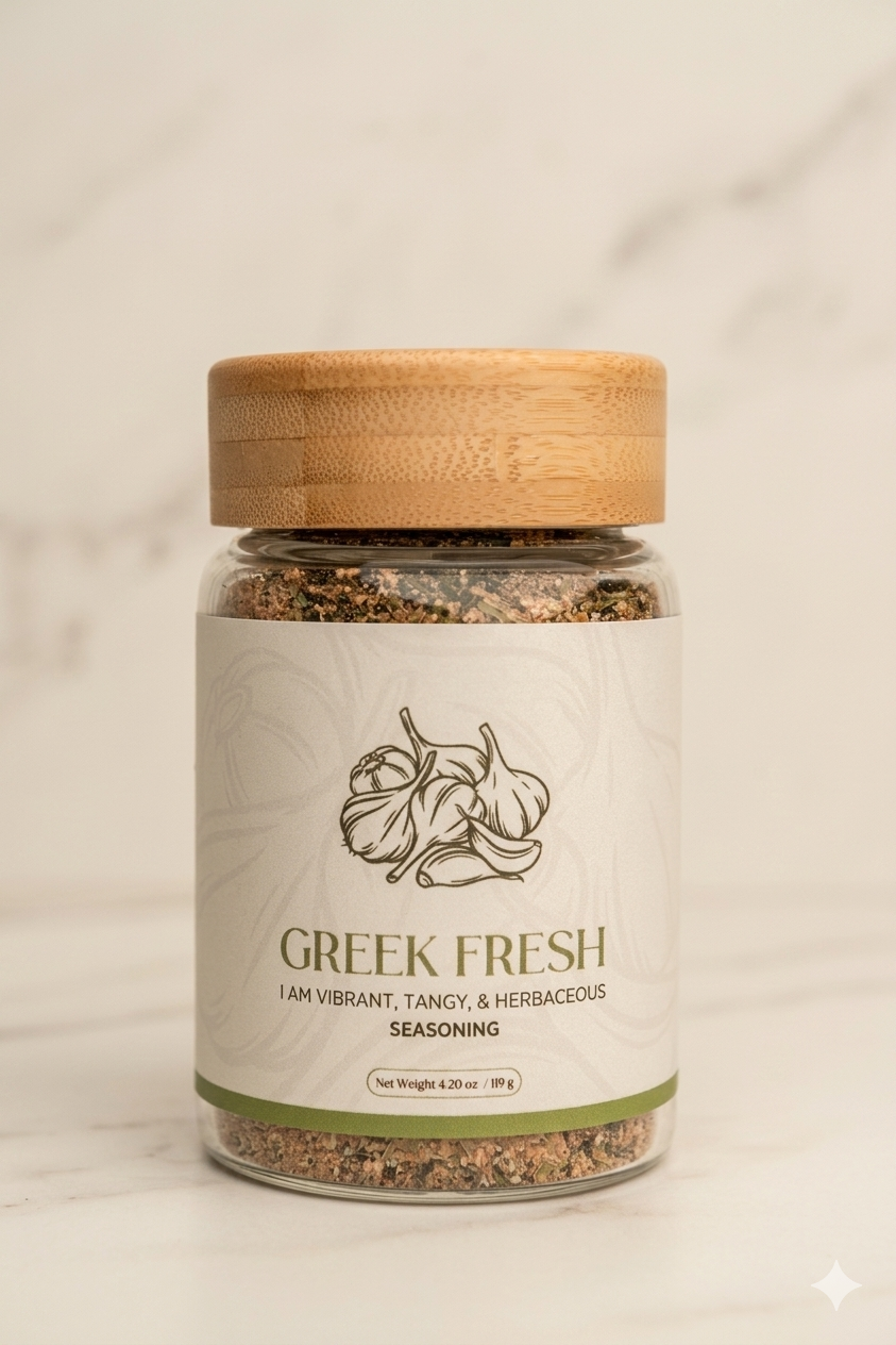 Jar of Greek Fresh seasoning with a bamboo lid