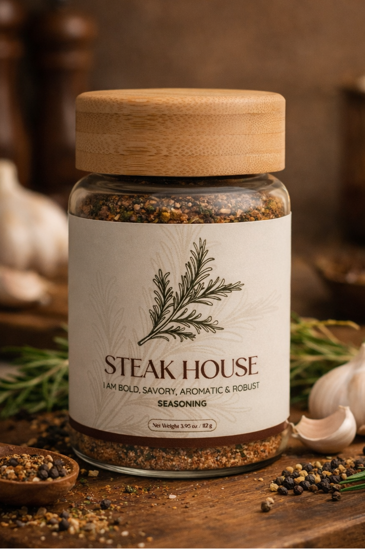 Jar of 'Steak House' seasoning on a wooden cutting board with herbs and garlic.